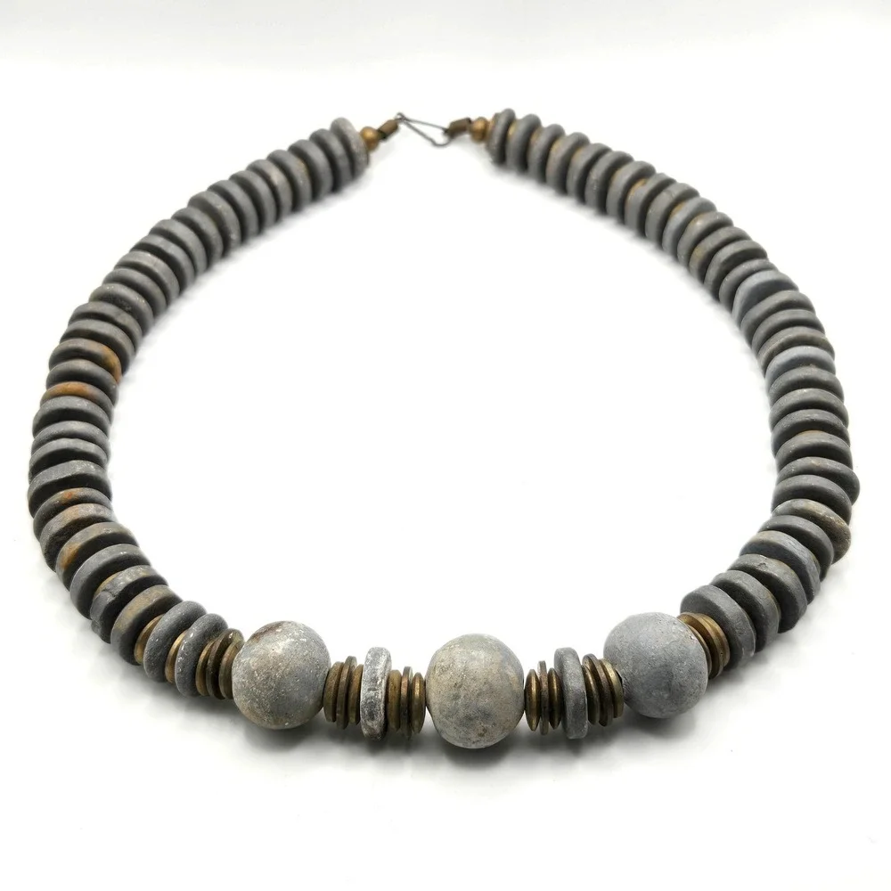 Vintage‎ Gray Cast Stone Disc and Sphere Bead Necklace with Brass Spacers 20
